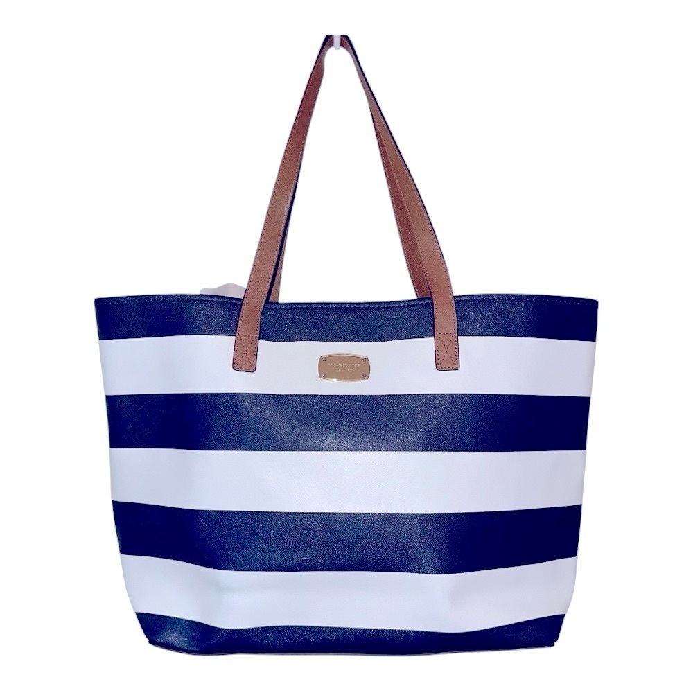 EUC MICHAEL Michael Kors Navy and White Striped Tote with Brown Handles